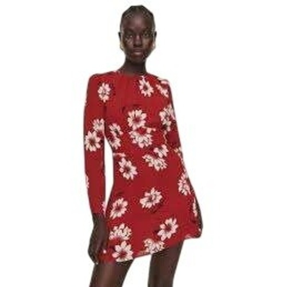 Reformation Floral Print Midi Laken Dress Burgundy White Size 10‎ Long Sleeve